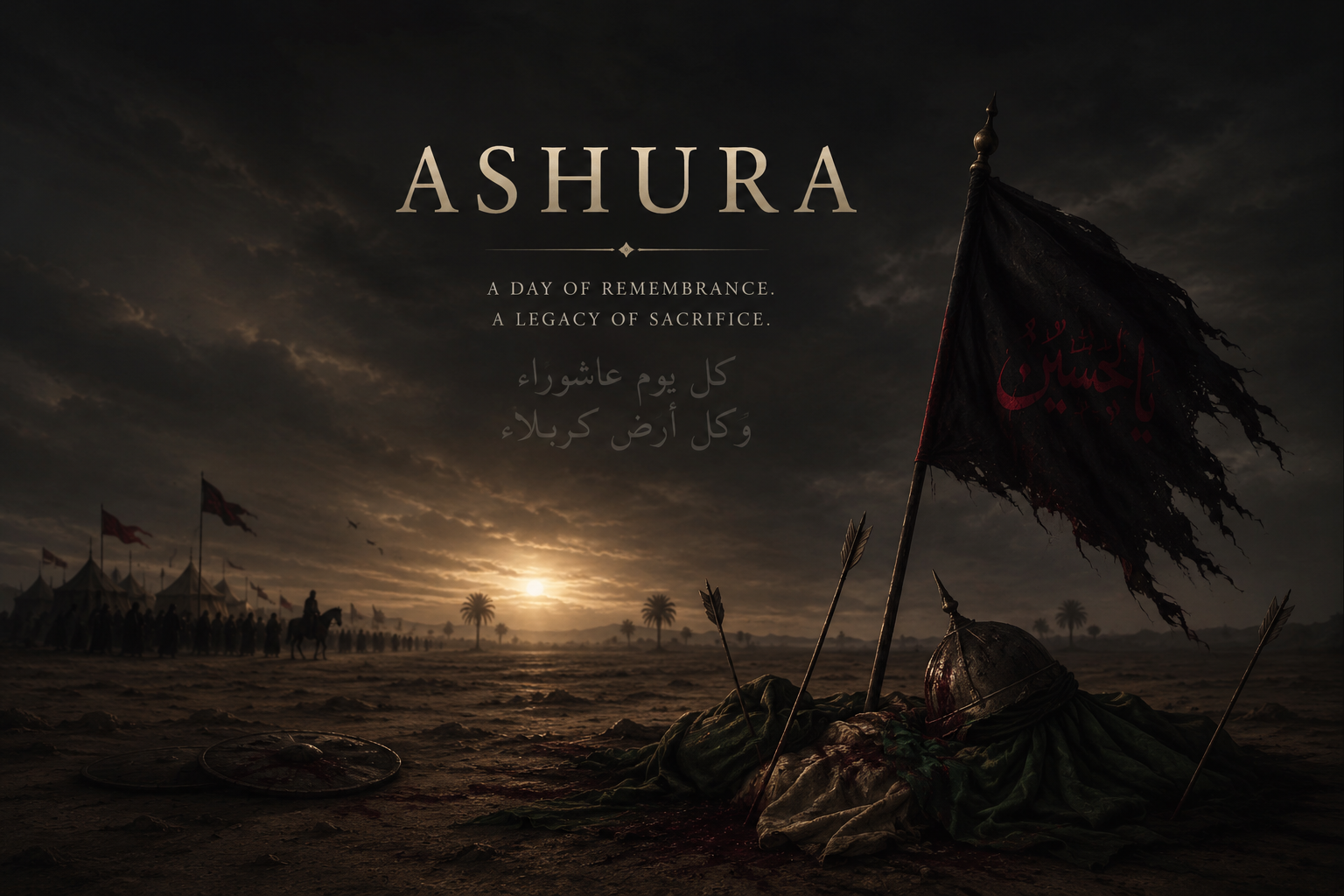 Ashura — the plain of Karbala at dusk with a tattered black banner reading Ya Husayn.